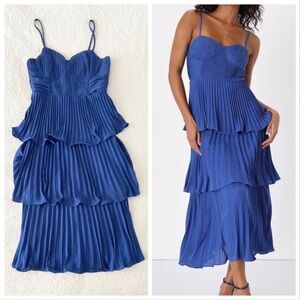 NWOT Lulus Cascading Crush Cobalt Blue Tiered Bustier Midi Dress Medium